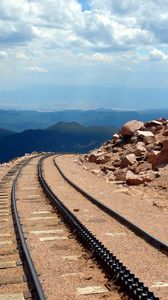 Preview wallpaper road, rails, cross ties, desert, stones, sand, day