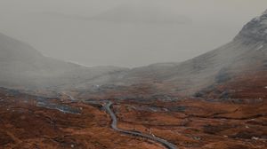 Preview wallpaper road, relief, fog, winding, snowy