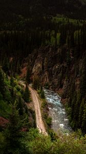 Preview wallpaper road, river, aerial view, forest, cliff