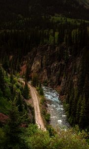 Preview wallpaper road, river, aerial view, forest, cliff