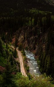 Preview wallpaper road, river, aerial view, forest, cliff