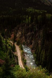Preview wallpaper road, river, aerial view, forest, cliff