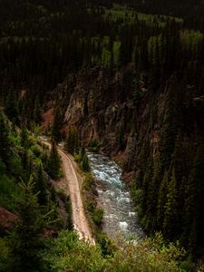 Preview wallpaper road, river, aerial view, forest, cliff