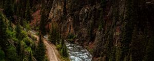 Preview wallpaper road, river, aerial view, forest, cliff