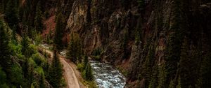 Preview wallpaper road, river, aerial view, forest, cliff