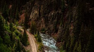 Preview wallpaper road, river, aerial view, forest, cliff