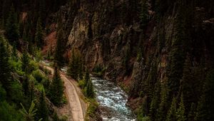 Preview wallpaper road, river, aerial view, forest, cliff