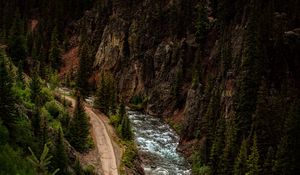 Preview wallpaper road, river, aerial view, forest, cliff