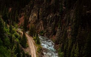 Preview wallpaper road, river, aerial view, forest, cliff