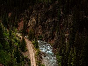 Preview wallpaper road, river, aerial view, forest, cliff