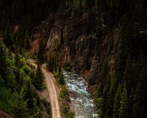 Preview wallpaper road, river, aerial view, forest, cliff