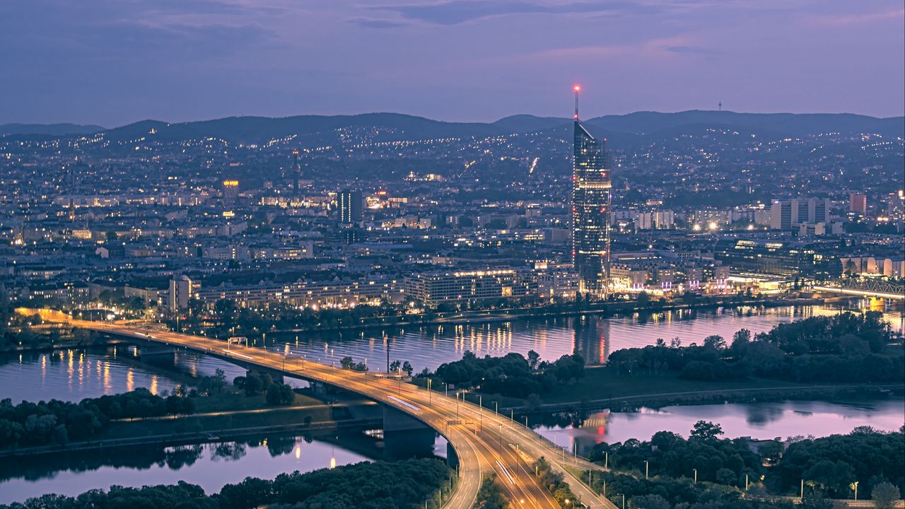 Wallpaper road, river, buildings, lights, city, twilight