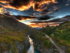 Preview wallpaper road, river, mountains, sky, clouds, colors, blackness, from above