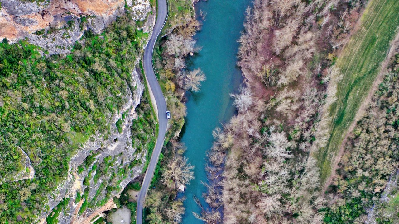 Wallpaper road, river, relief, nature, aerial view