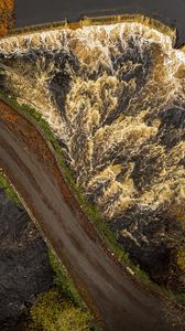 Preview wallpaper road, river, waterfall, trees, aerial view