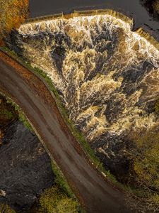 Preview wallpaper road, river, waterfall, trees, aerial view