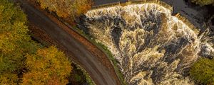 Preview wallpaper road, river, waterfall, trees, aerial view