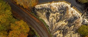 Preview wallpaper road, river, waterfall, trees, aerial view