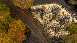 Preview wallpaper road, river, waterfall, trees, aerial view