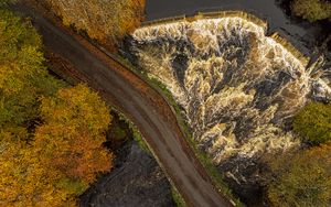 Preview wallpaper road, river, waterfall, trees, aerial view