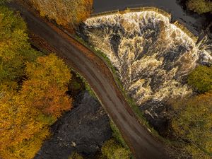 Preview wallpaper road, river, waterfall, trees, aerial view