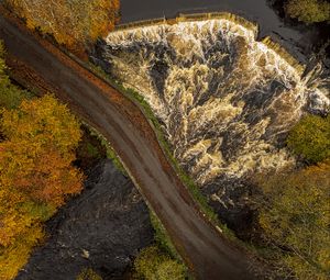 Preview wallpaper road, river, waterfall, trees, aerial view