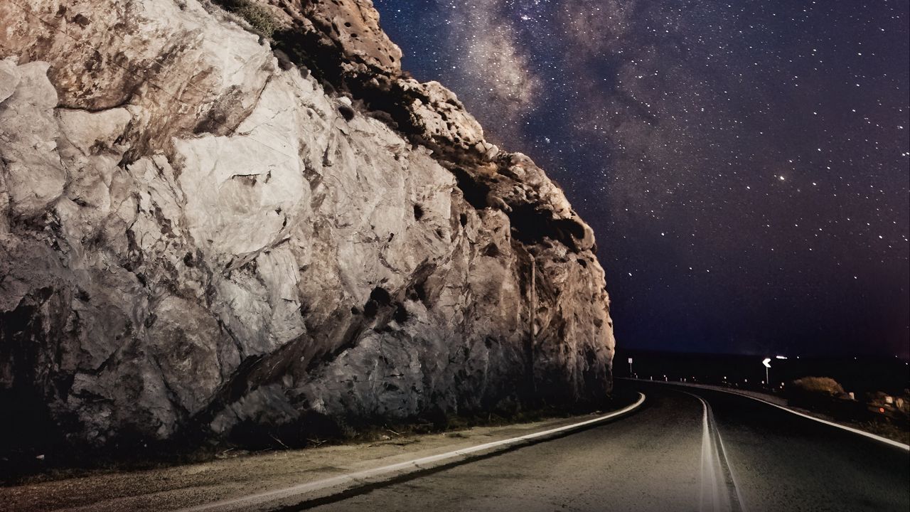 Wallpaper road, rocks, starry sky, stars, night