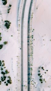 Preview wallpaper road, sand, aerial view, car, bushes