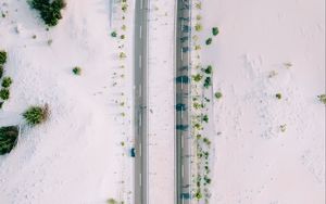 Preview wallpaper road, sand, aerial view, car, bushes