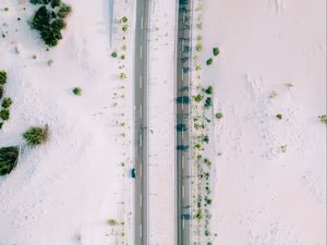 Preview wallpaper road, sand, aerial view, car, bushes