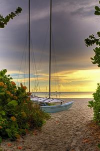 Preview wallpaper road, sea, yacht, greens, sand, beach, mast