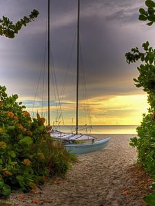 Preview wallpaper road, sea, yacht, greens, sand, beach, mast