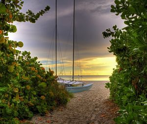 Preview wallpaper road, sea, yacht, greens, sand, beach, mast