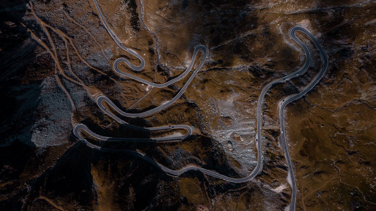 Wallpaper road, serpentine, aerial view, mountains, winding