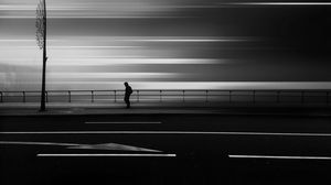 Preview wallpaper road, silhouette, bw, long exposure, blur