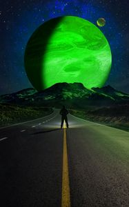 Preview wallpaper road, silhouette, mountains, planets, night