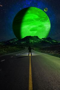 Preview wallpaper road, silhouette, mountains, planets, night