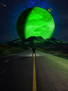Preview wallpaper road, silhouette, mountains, planets, night