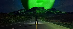 Preview wallpaper road, silhouette, mountains, planets, night