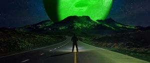 Preview wallpaper road, silhouette, mountains, planets, night