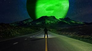 Preview wallpaper road, silhouette, mountains, planets, night