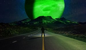 Preview wallpaper road, silhouette, mountains, planets, night