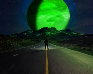 Preview wallpaper road, silhouette, mountains, planets, night