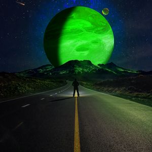 Preview wallpaper road, silhouette, mountains, planets, night