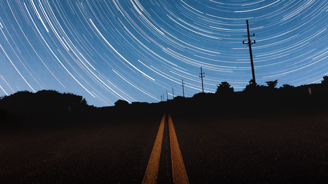 Wallpaper road, silhouettes, stars, night, long exposure, dark