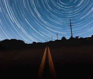 Preview wallpaper road, silhouettes, stars, night, long exposure, dark