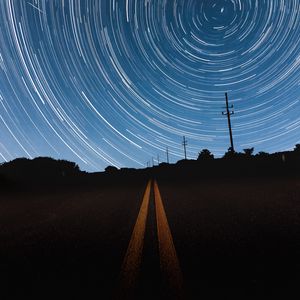 Preview wallpaper road, silhouettes, stars, night, long exposure, dark