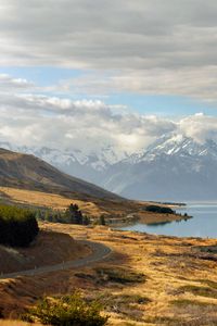 Preview wallpaper road, sky, lake, hill