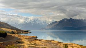 Preview wallpaper road, sky, lake, hill