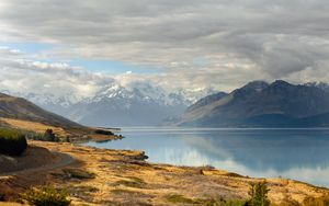 Preview wallpaper road, sky, lake, hill